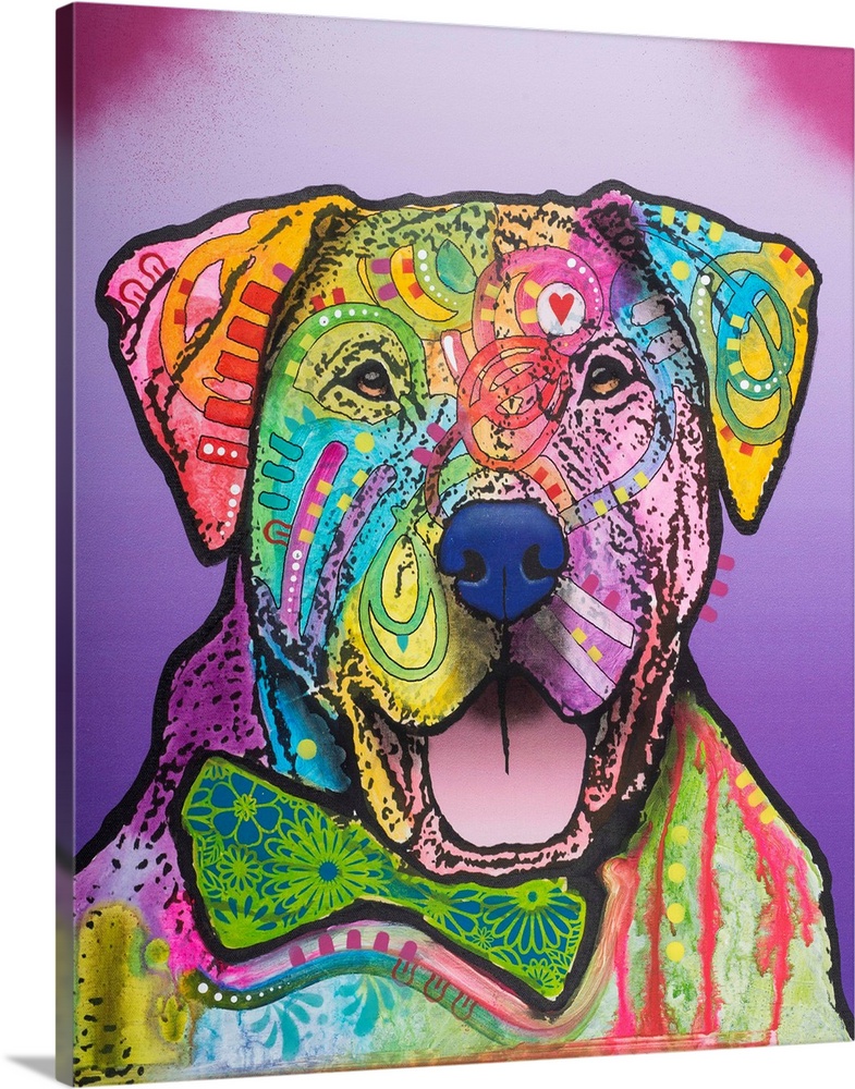 Pop art style painting of a labrador wearing a floral bow tie and covered in colorful abstract designs on a purple gradien...