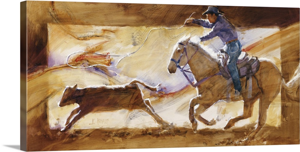 Western themed contemporary painting of a cowboy wrangling a calf.
