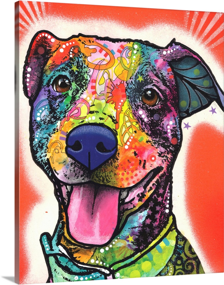 Colorful painting of a happy dog on a red and white spray painted background.