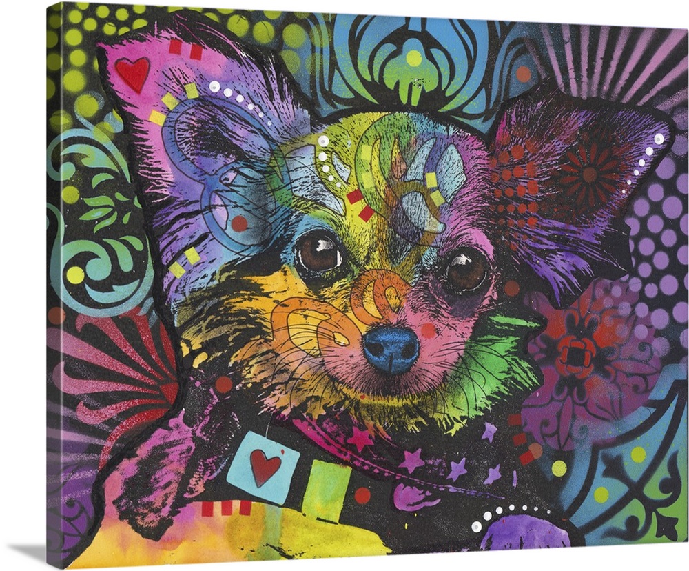 Pop art style painting of a small dog with large ears in various colors.