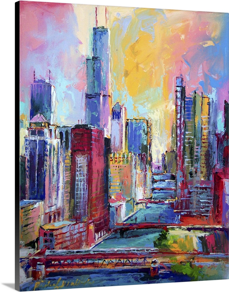 Contemporary colorful painting of an urban skyline.