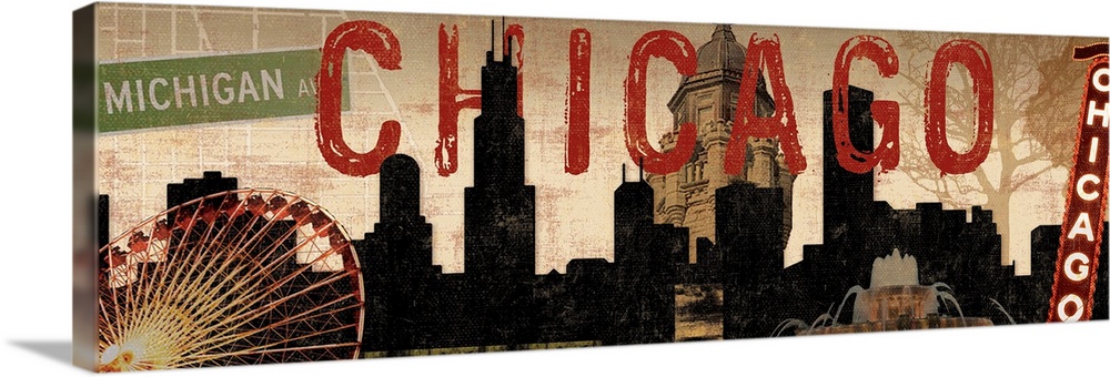 Large artwork on a horizontal canvas of the Chicago skyline with collaged images layered over it, such as the large ferris...