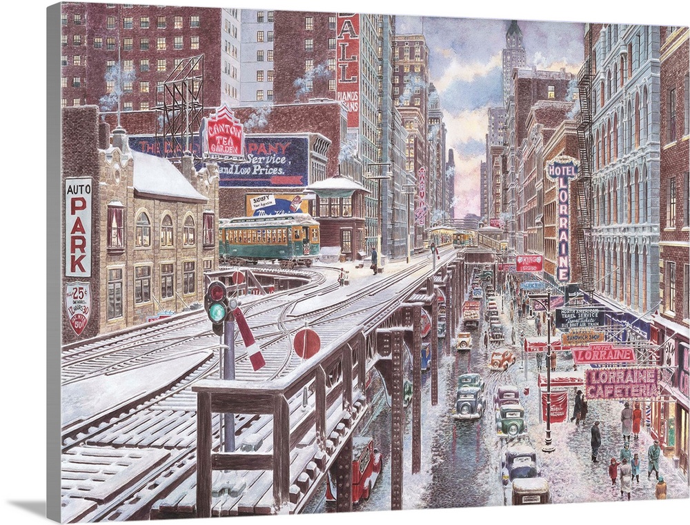 Contemporary painting of the rails that go through the Loop in Chicago.