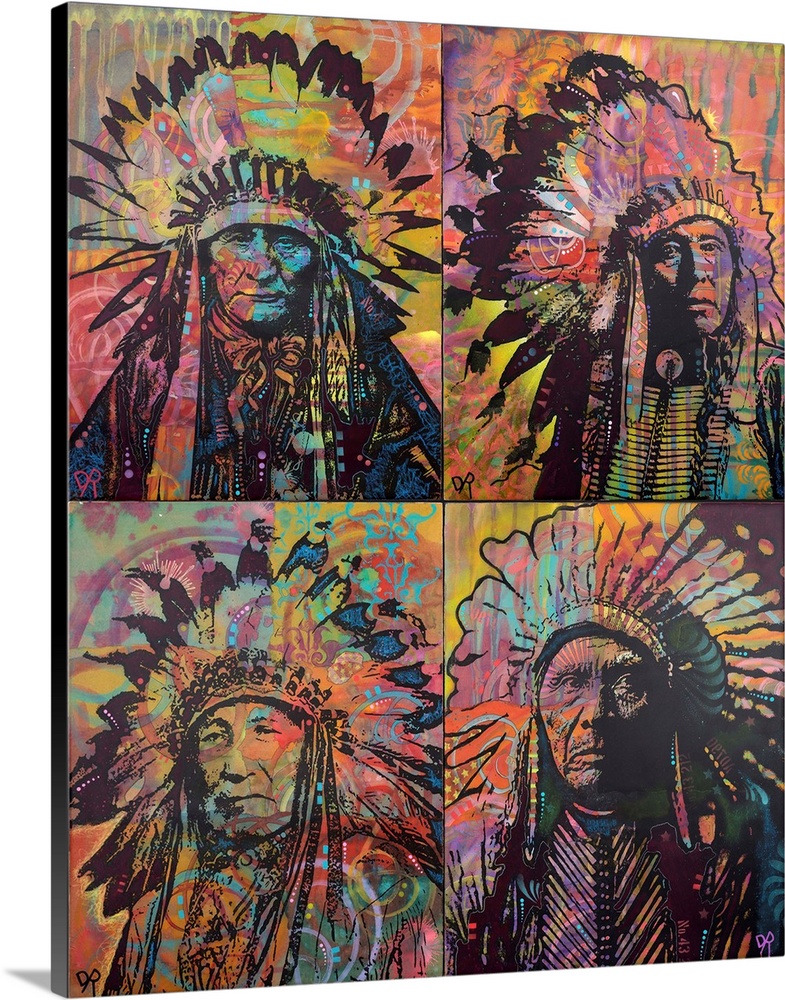 Illustration of four Indian Chiefs broken into four rectangular sections on a colorfully designed background.