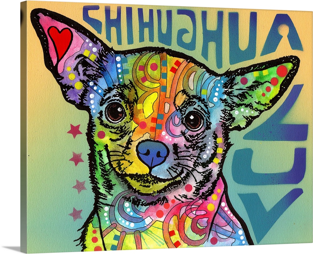 "Chihuahua Luv" written around a colorful painting of a Chihuahua with abstract markings.