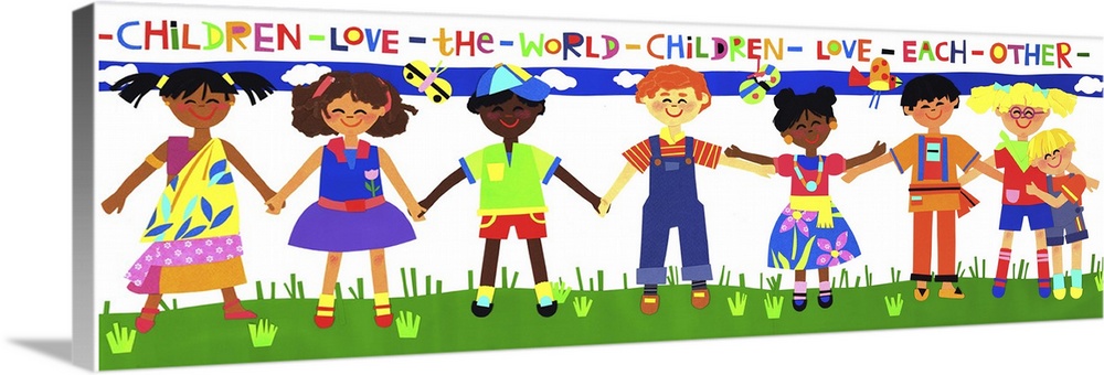 Illustration of several children of different ethnicities holding hands.