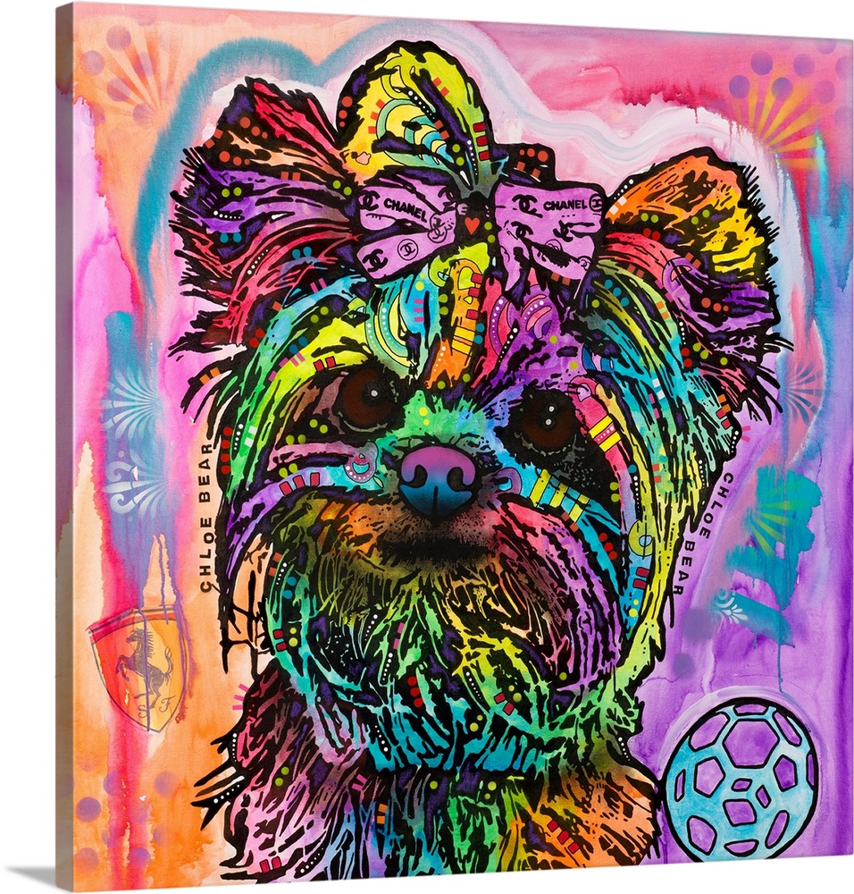 Colorful painting of a Silky Terrier puppy wearing a Chanel bow on a vibrant background.