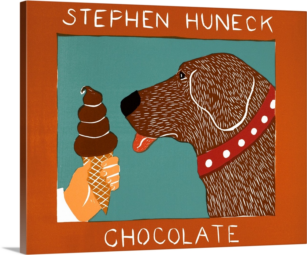 Illustration of a chocolate lab about to lick a chocolate ice cream cone with the word "Chocolate" written at the bottom a...