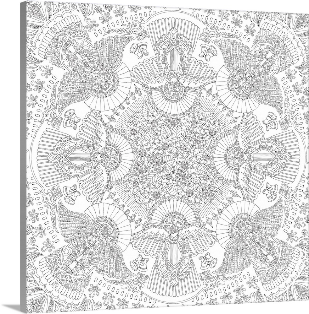 Black and white line art of a mandala made out of intricately designed Christmas Angels and flowers.