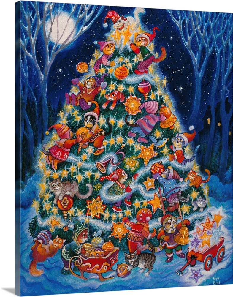 Cats around a fully decorated Christmas tree in the woods