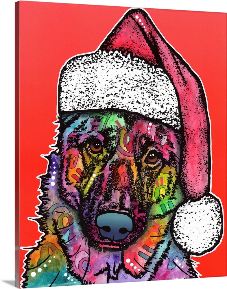 Cute painting of a big dog wearing a Santa hat on a red background,