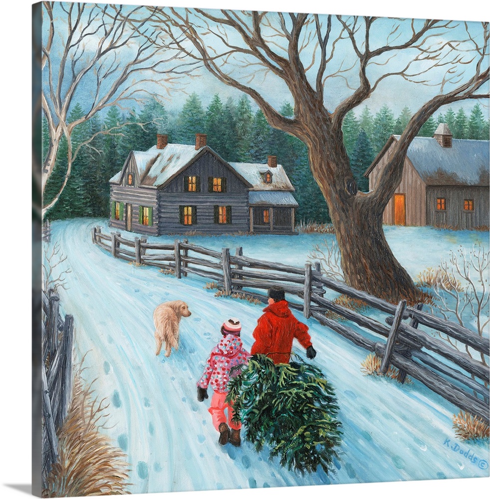 Contemporary artwork of children dragging home a christmas tree.