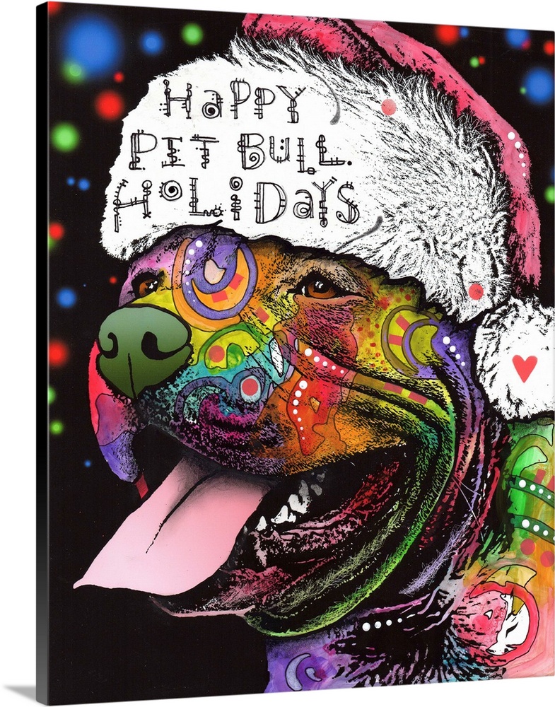 "Happy Pit Bull Holidays" handwritten on a Santa hat that a happy pit bull covered in different colors and abstract design...