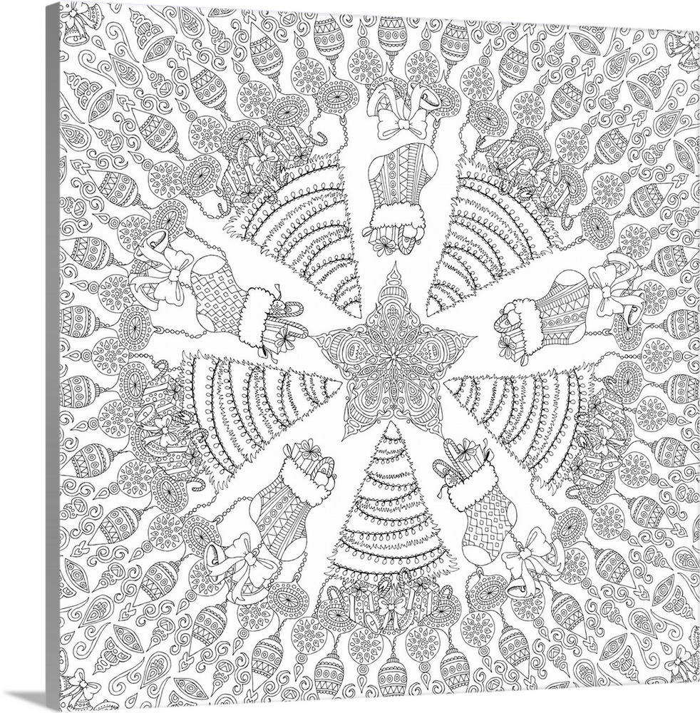 Black and white line art of a mandala made out of Christmas themed items such as Christmas trees, stockings, and ornaments.