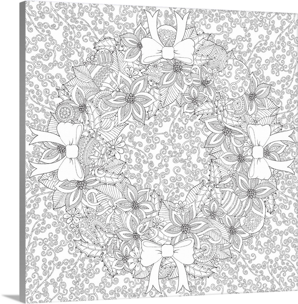 Black and white line art of a mandala made out of Christmas wreaths, bows, and designs.