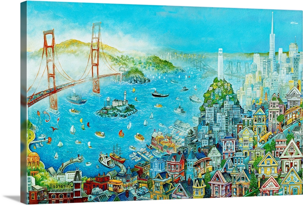 San Francisco Bay scene with bridge and city portion.