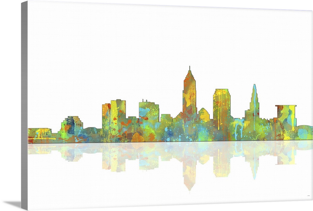 Contemporary colorful city skyline casting mirror-like reflection.