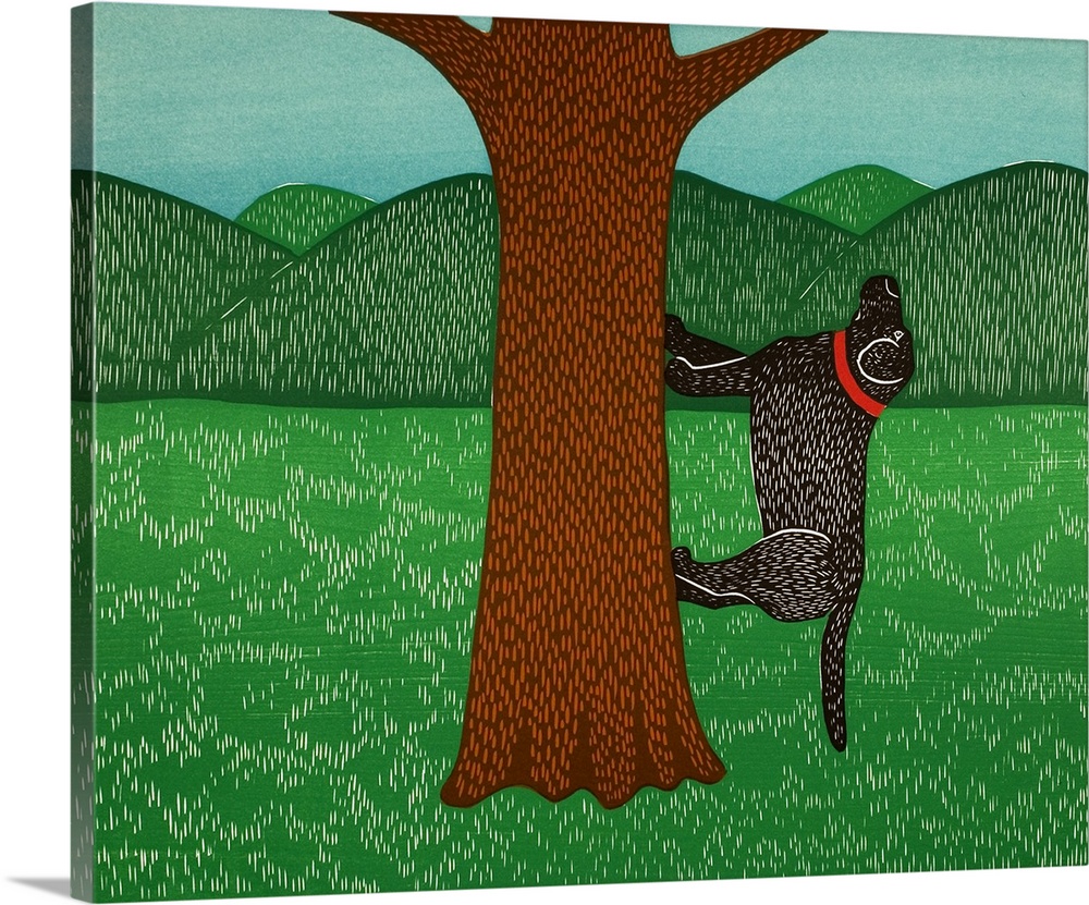 Illustration of a black lab climbing up a tree (most likely chasing a squirrel or bird).