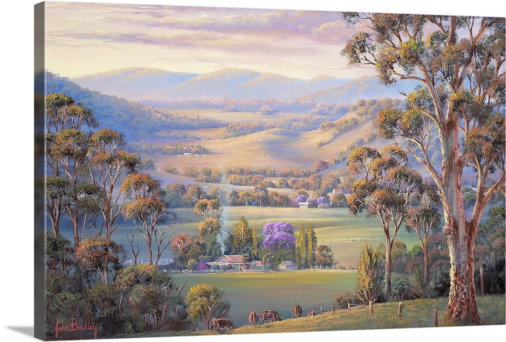 Contemporary painting of an idyllic countryside valley scene at sunset.