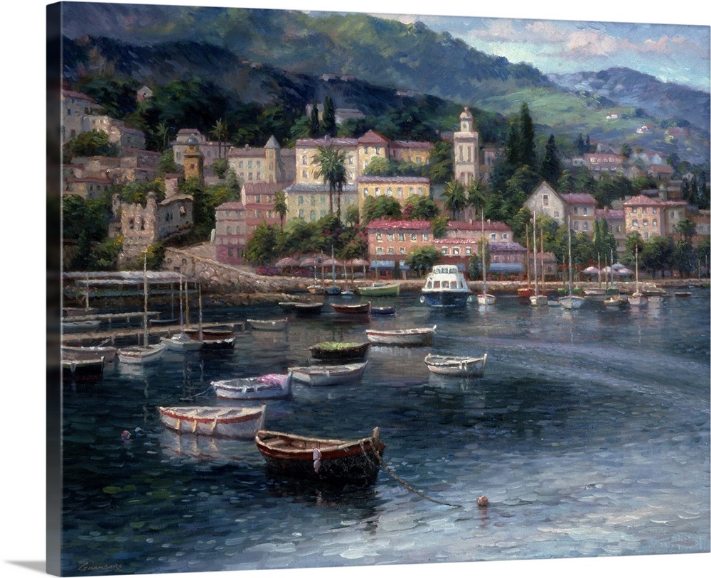 Contemporary painting of an idyllic coastal European village.