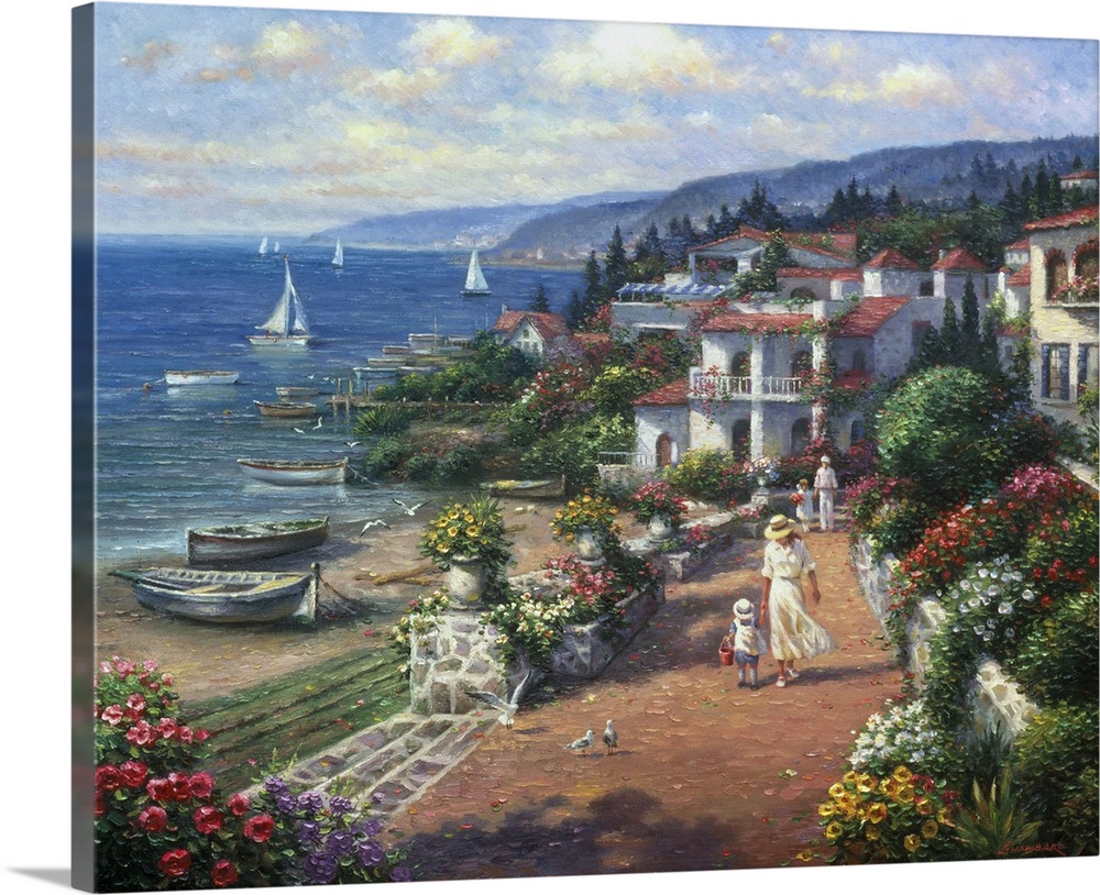 Contemporary painting of an idyllic coastal European village.