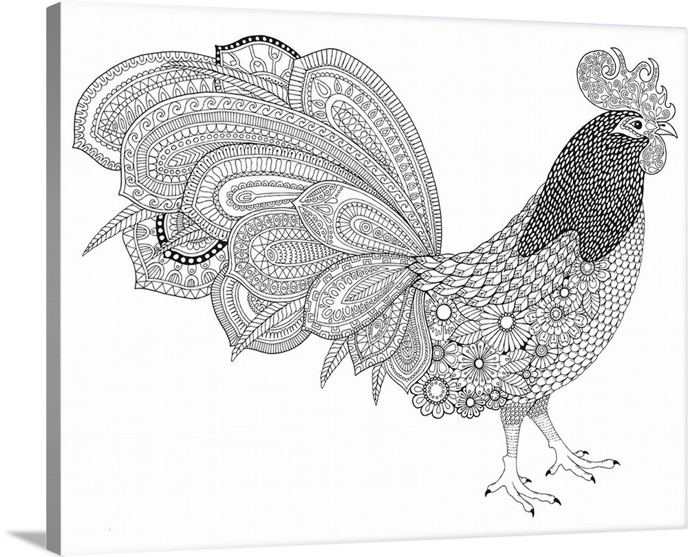 Black and white line art of an intricately designed rooster.