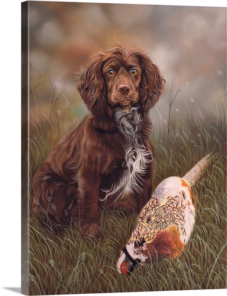 Contemporary painting of a cocker spaniel and a pheasant.
