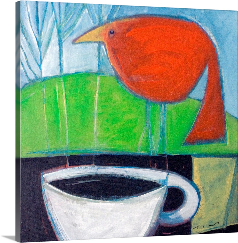 Square artwork on large canvas of a big red bird perching on a ledge in front of a hillside.  A large cup of coffee sits o...