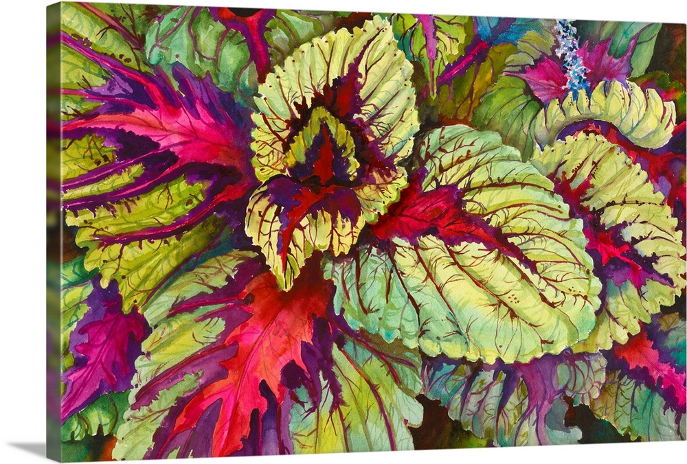 Colorful contemporary painting of bright green and purple leaves.
