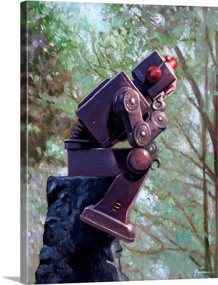 A contemporary painting of a dark gray retro toy robot sitting on a rock pedestal in the iconic thinking positioning.