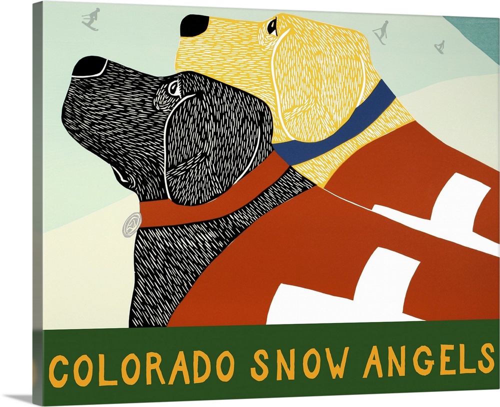 Illustration of a black and yellow lab wearing ski patrol uniforms looking up the snowy slopes with skiers in the backgrou...