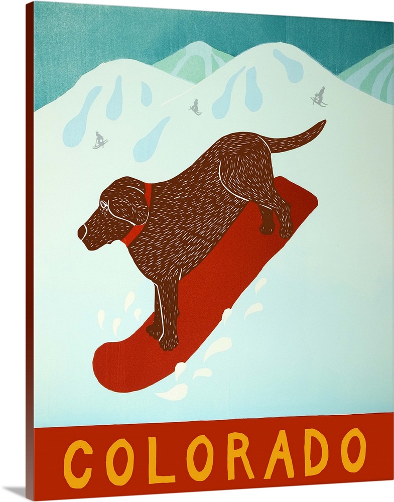 Illustration of a chocolate lab going down the slopes in Colorado on a red snowboard.