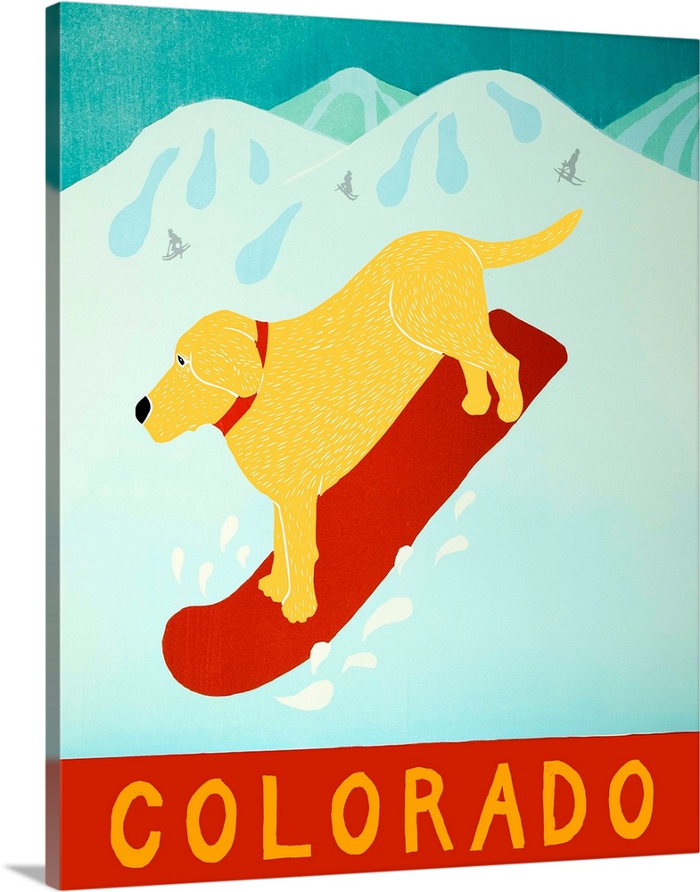 Illustration of a yellow lab going down the slopes in Colorado on a red snowboard.