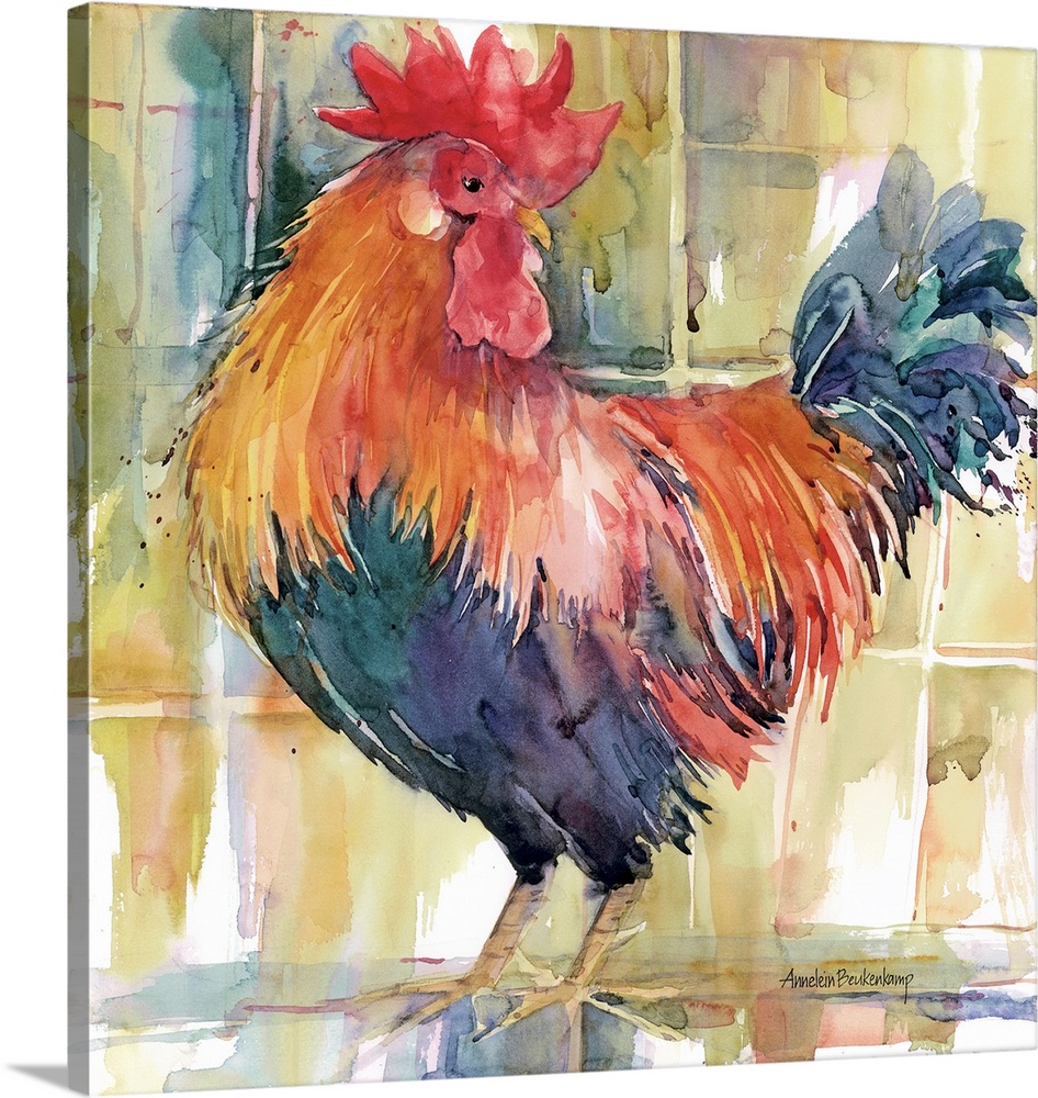 Contemporary watercolor painting of a rooster.