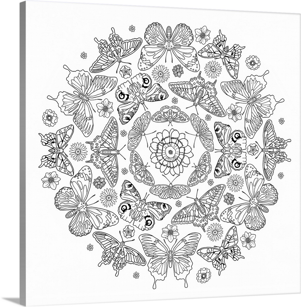 Black and white line art of an intricately designed mandala made out of butterflies and flowers.