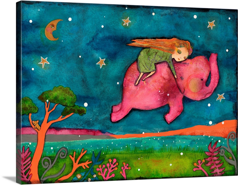 A girl on a pink elephant flying through the night sky.