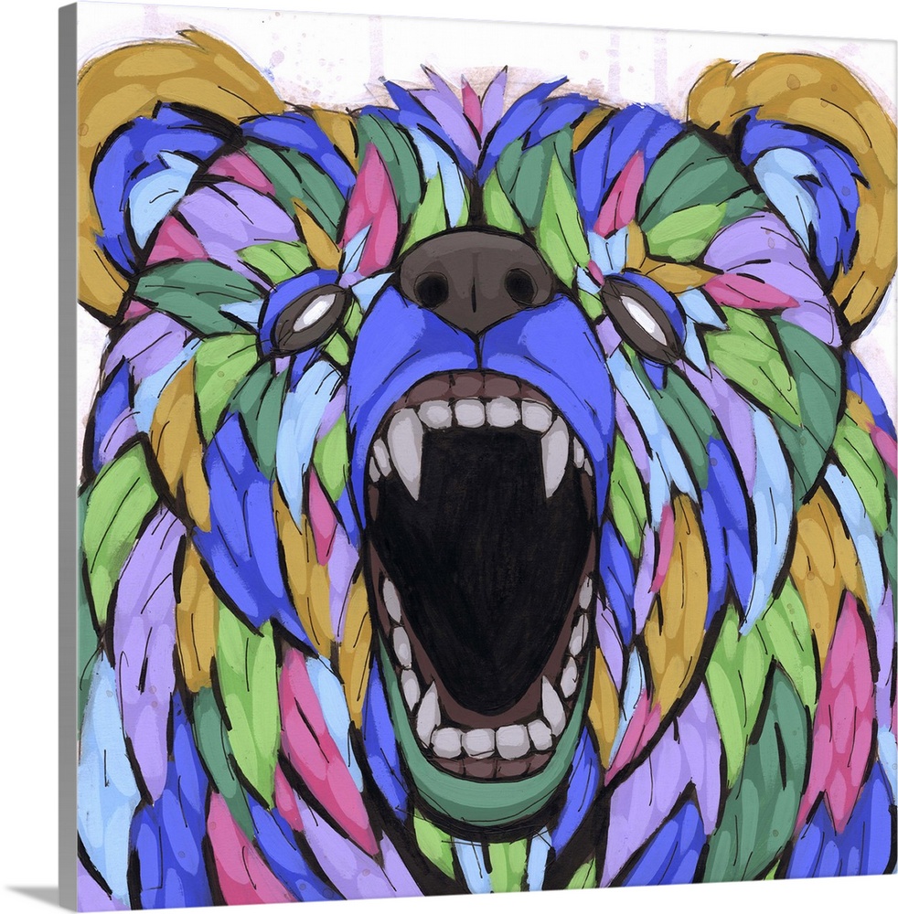 Pop art painting of a growling bear, appearing to be made of leaves.