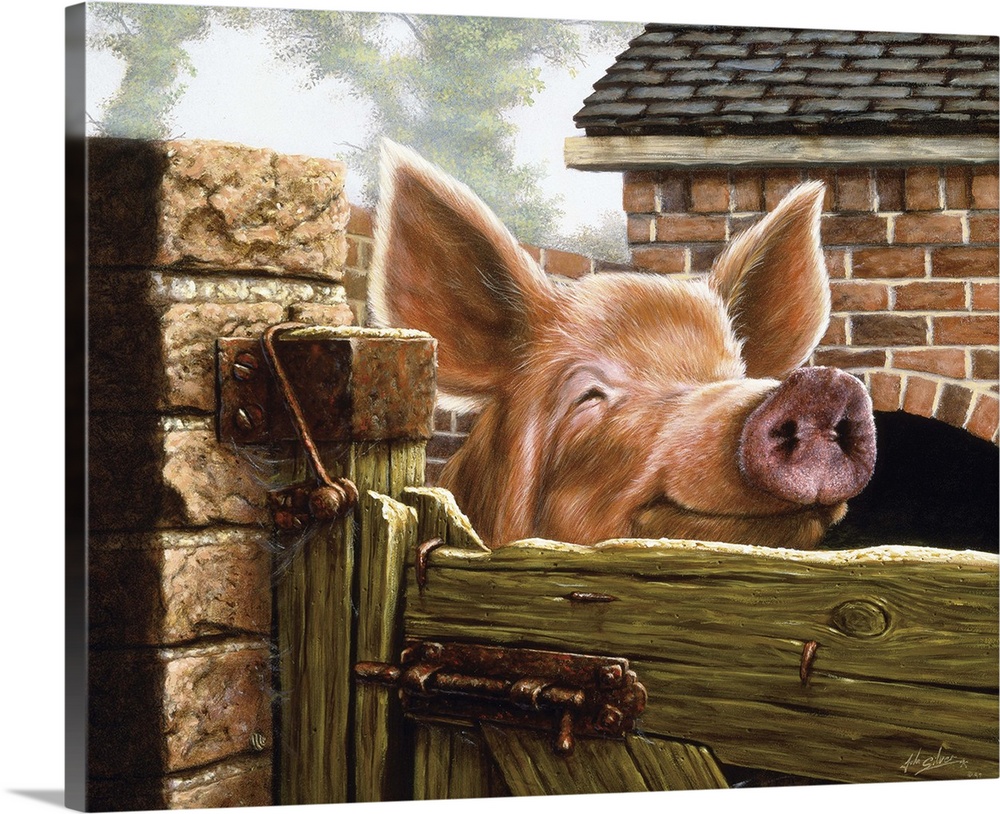 Contemporary painting of a pig with a large snout and ears looking over the gate to a fence.