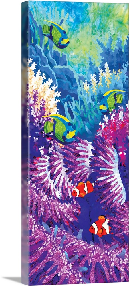 Contemporary colorful painting of a tropical fish swimming around a coral reef.