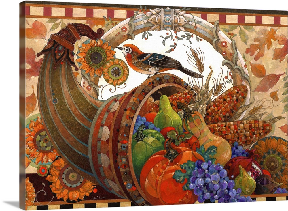 Contemporary artwork of a cornucopia filled with harvest fruits and vegetables.