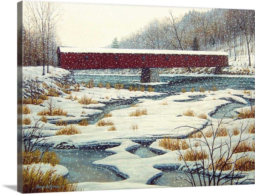 Contemporary artwork of a covered bridge over a stream in winter time.