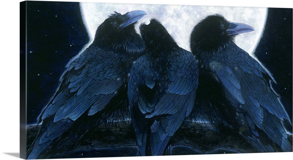 Contemporary painting of a trio of crows with a backdrop of a full moon.