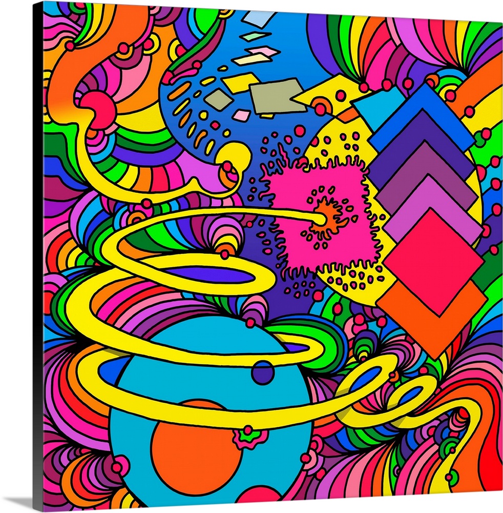 Contemporary artwork of a collection of colorful shapes and images.