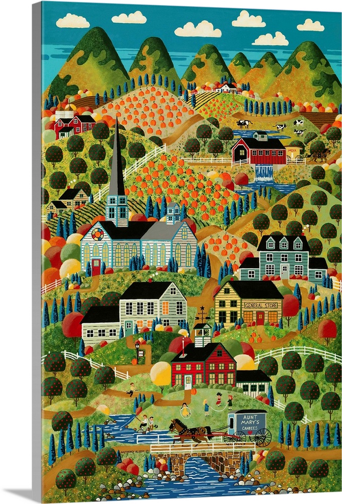 Contemporary painting of an Americana countryside village scene.
