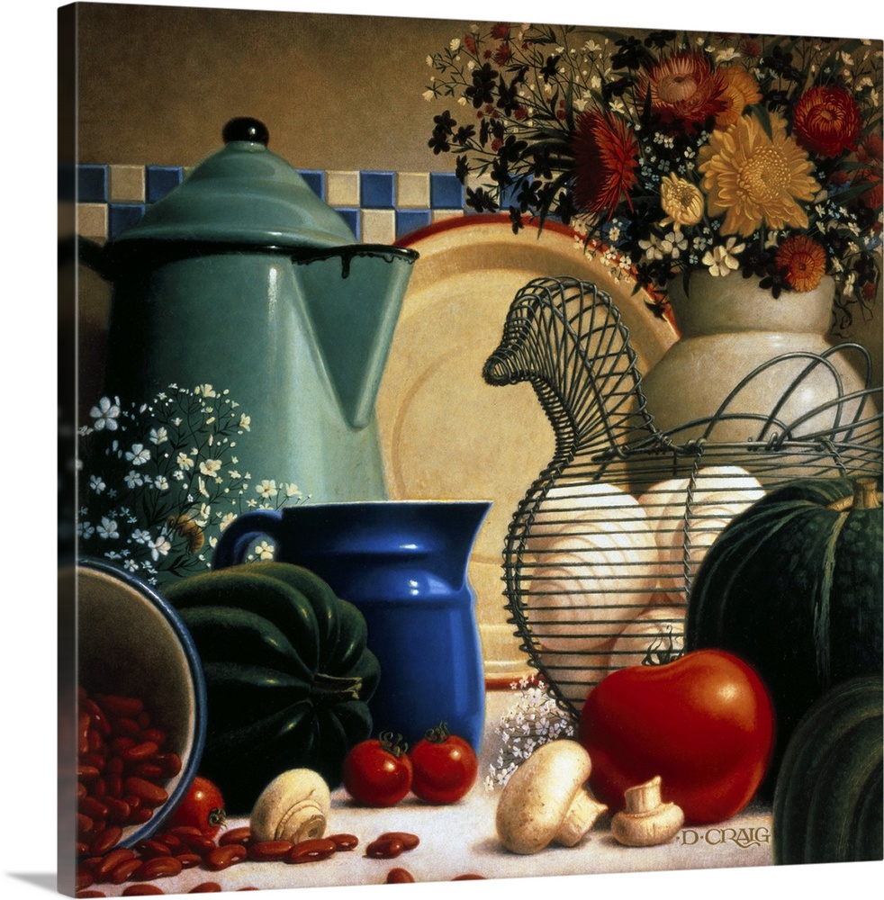 A still life depicting various kitchen items, including a hen-shaped basket for eggs, a coffee pitcher, a plate, a smaller...