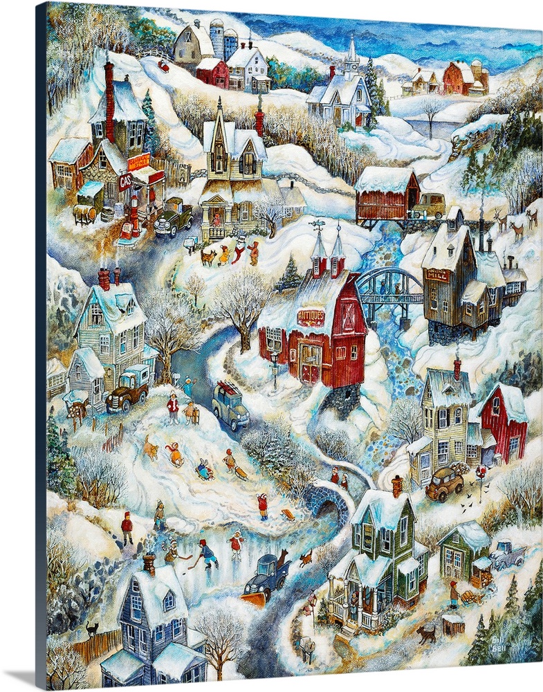 Winter scene with a lot of small houses with children sliding and playing.