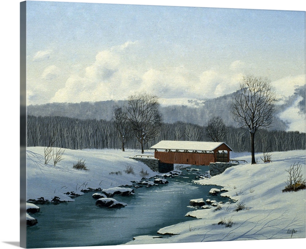 Contemporary painting of a covered bridge in a forest clearing after a heavy snowfall.
