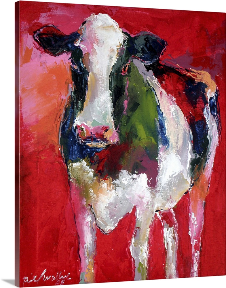 Contemporary vibrant colorful painting of a cow against a red background.