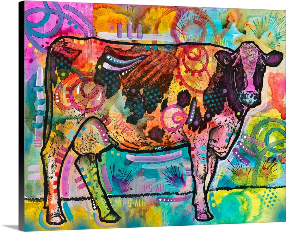 Colorful painting of a cow looking straight at you with abstract designs all over.