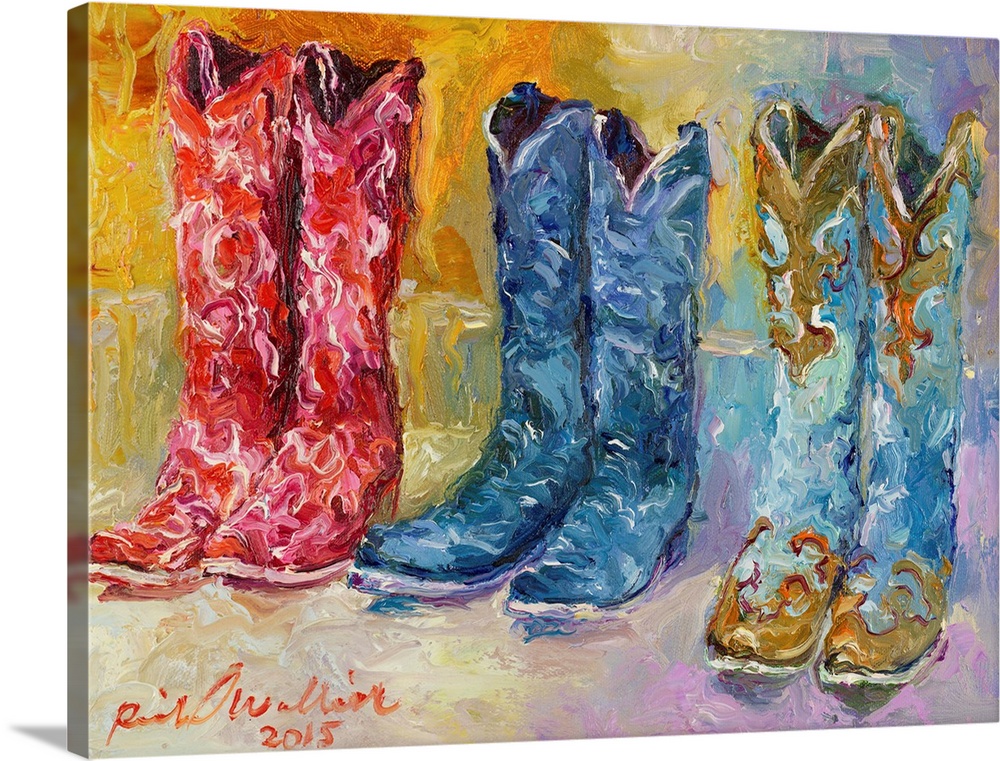 Colorful abstract painting of three pairs of cowboy boots.